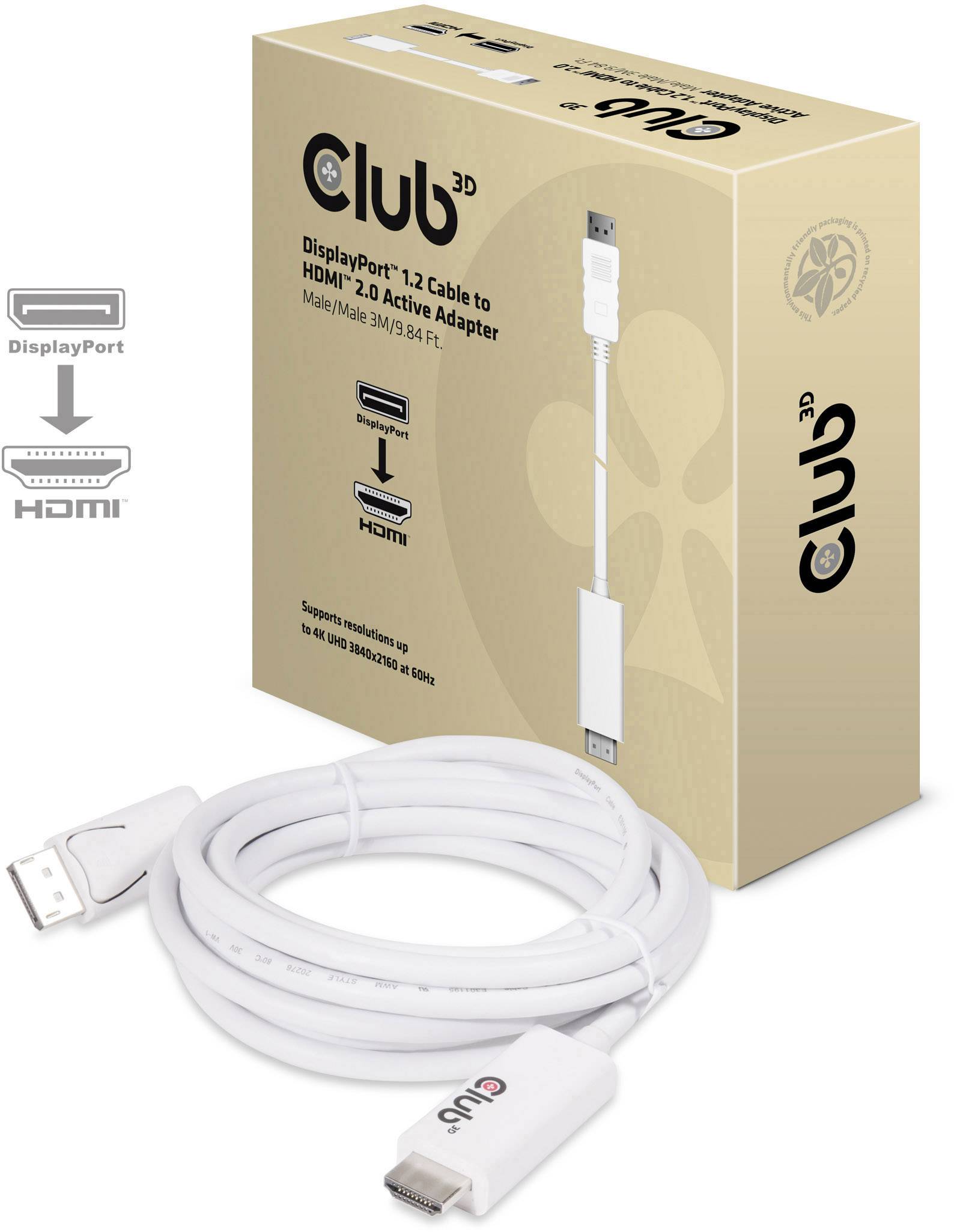 club3D DisplayPort / HDMI Câble adaptateur Fiche mâle DisplayPort, Fiche mâle HDMI-A 3.00 m blanc CAC-1073 Câble DisplayPort