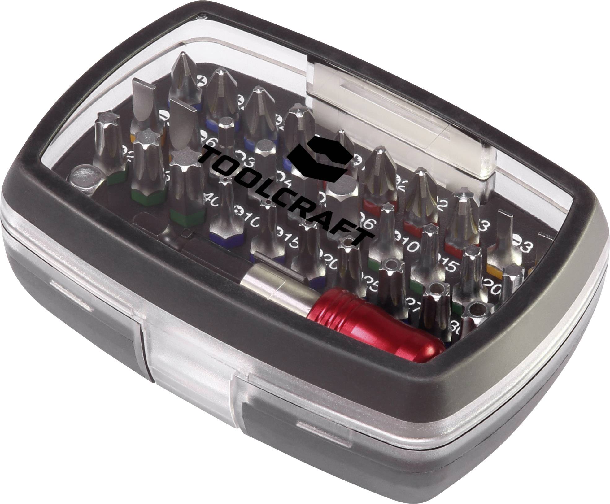 Coffret d'embouts avec poignée. Un ensemble compact de différents embouts dans un boîtier transparent avec une poignée rouge, adapté à divers travaux de fixation.