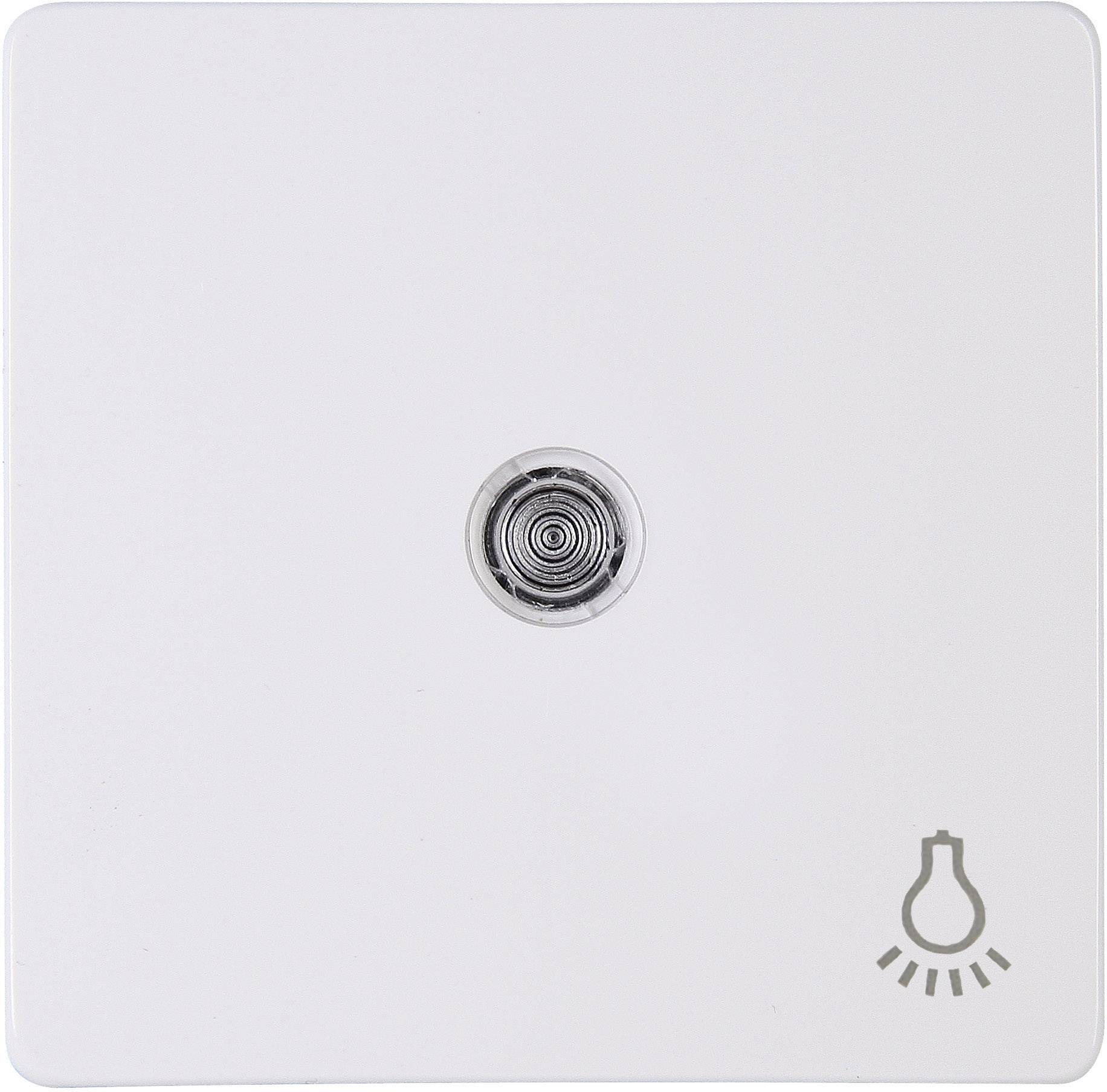 Interrupteur avec un bouton-poussoir central en argent et un petit symbole de lampe dans le coin inférieur droit.