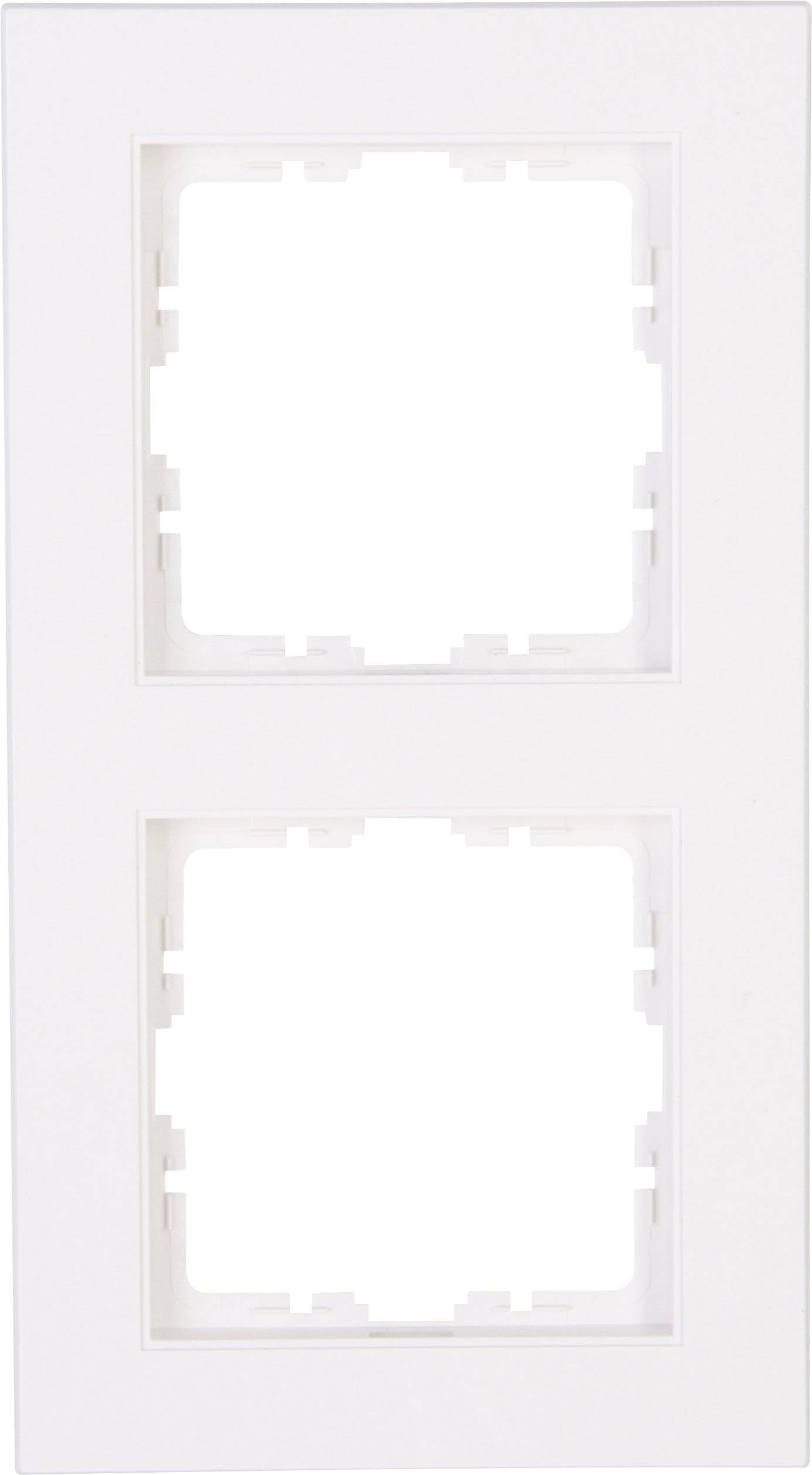 Deux cadres de prises électriques blancs et vides, rectangulaires, disposés l'un au-dessus de l'autre, sur un fond blanc.