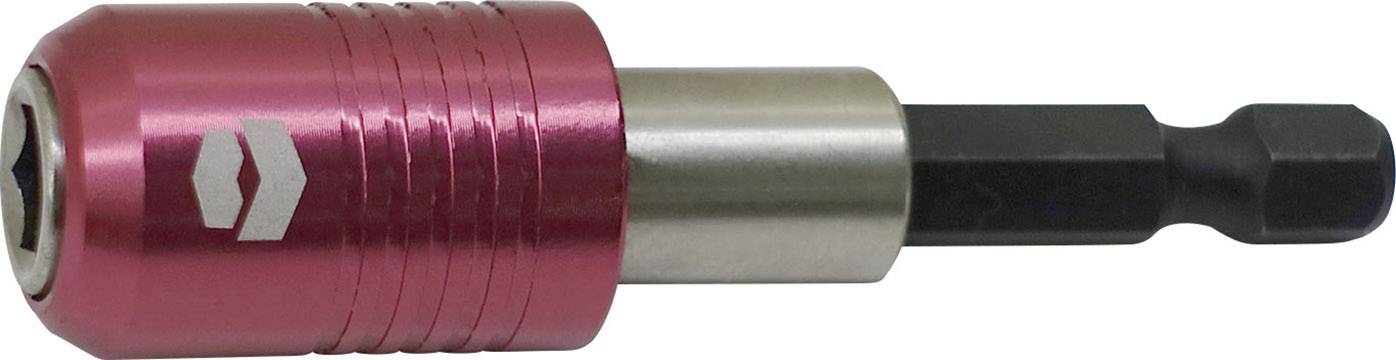 Prise de vue d'un porte-foret rouge avec tige argentée et noire, utilisé pour fixer des pointes de forage dans un foret.
