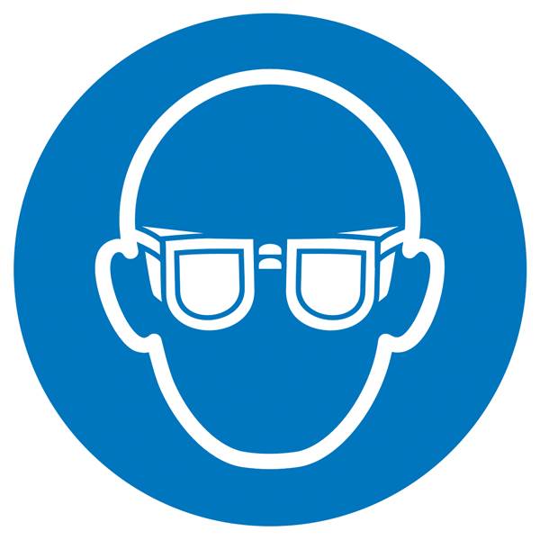 Une icône graphique représente une tête portant des lunettes de protection dans un cercle bleu. Cette image symbolise la nécessité de la protection oculaire.