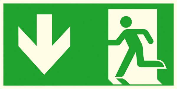 Panneau de sortie de secours : Une silhouette court vers la droite à travers une porte. Une flèche pointant vers le bas indique la direction de la sortie.
