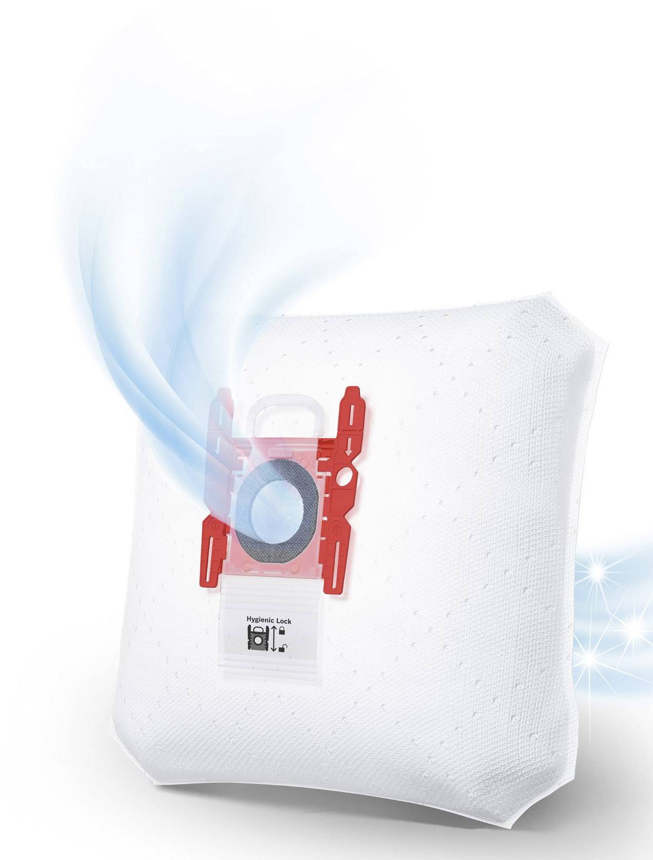 Un sac d'aspirateur avec un support rouge et un flux d'air, identifiable par des flèches bleues, symbolise la fonction de filtrage.