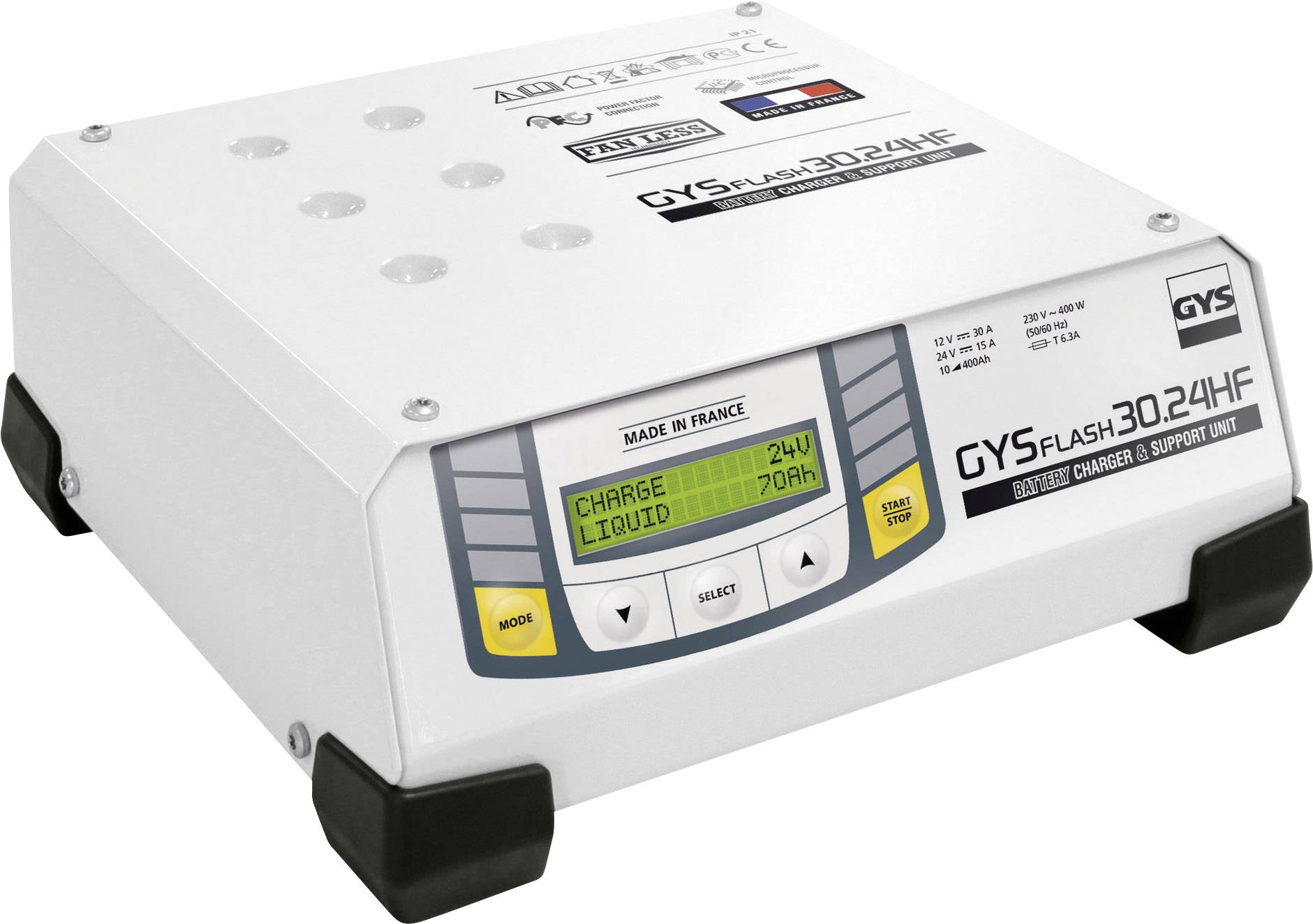 Chargeur de batterie GYSFLASH 3.0 24 HF, blanc, avec affichage numérique et boutons de commande. Affiche l'état de charge : 'Charge 24V' et le niveau de liquide : '70%'.