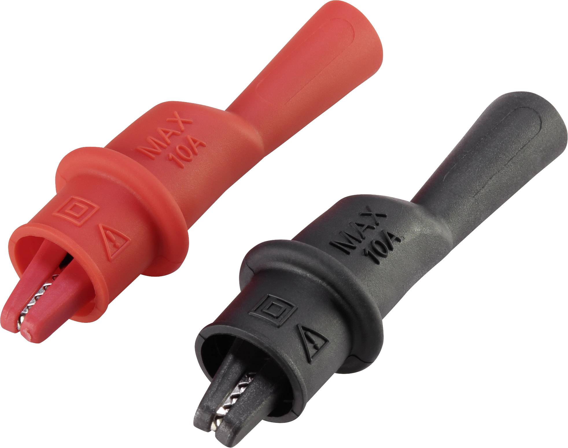Deux pinces crocodile, l'une rouge et l'autre noire, avec un courant maximal de 10A, utilisées pour connecter en toute sécurité des circuits électriques.