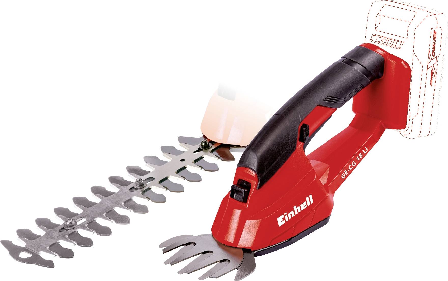 Un taille-gazon rouge à batterie de la marque Einhell, équipé de deux accessoires différents pour la taille des haies et la coupe de l'herbe.