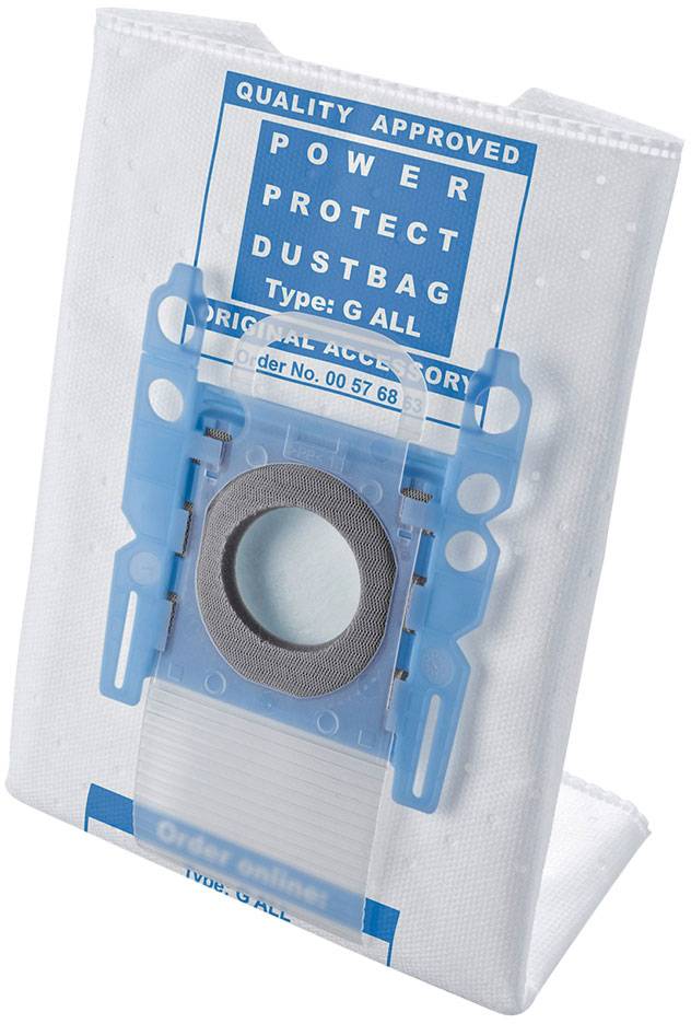 Sac d'aspirateur portant l'inscription 'Power Protect Dustbag, Type : G ALL'. Matériau blanc avec anneau en plastique bleu et sceau 'Quality Approved'.