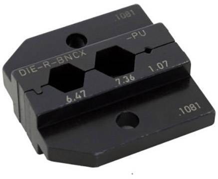 Pince à sertir noire avec trois ouvertures hexagonales, marquée des dimensions 6,47, 7,36 et 1,07.