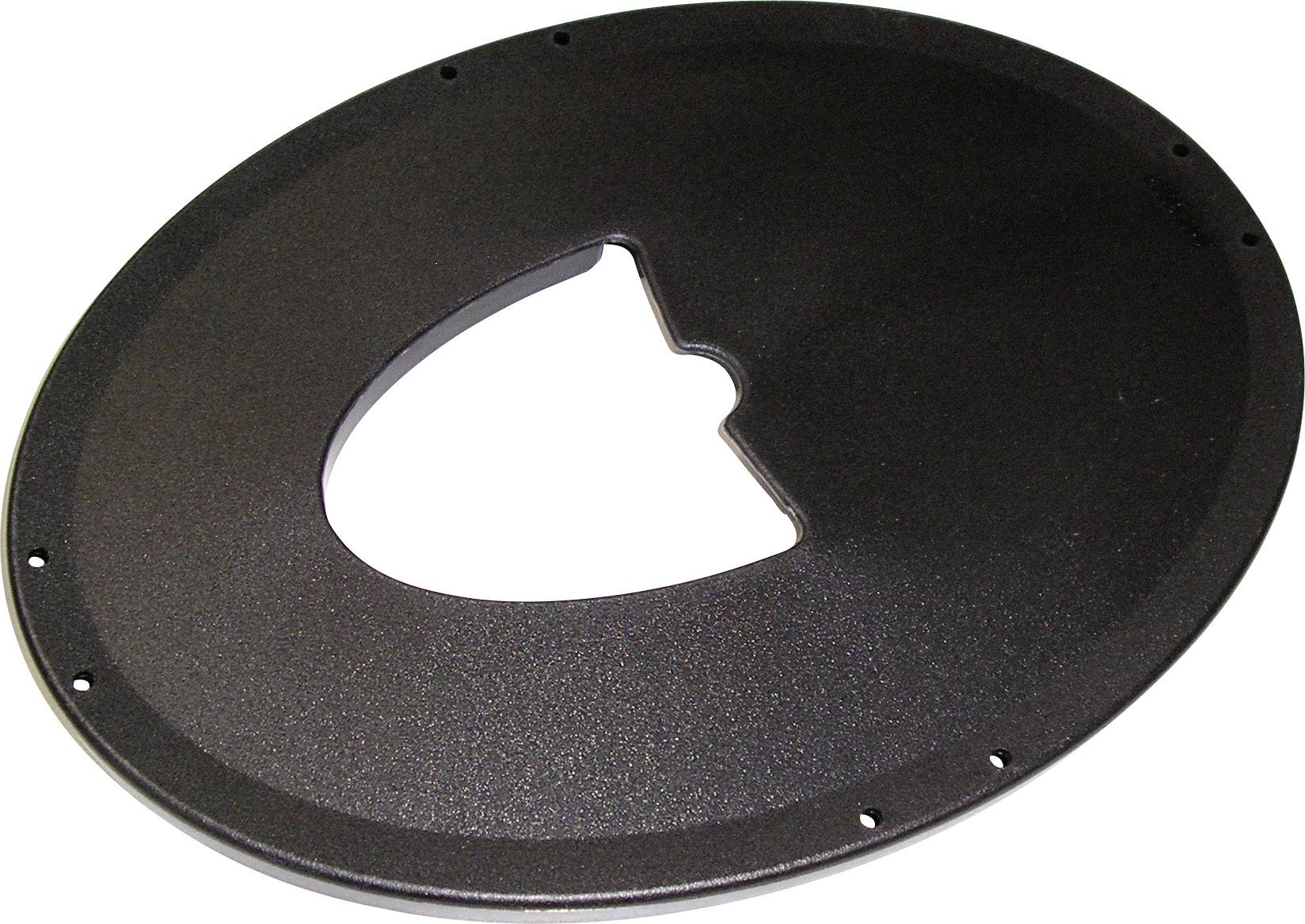 Couvercle en plastique noir oval avec une découpe en forme de cœur au centre. Utilisé comme pièce de protection ou de couverture.