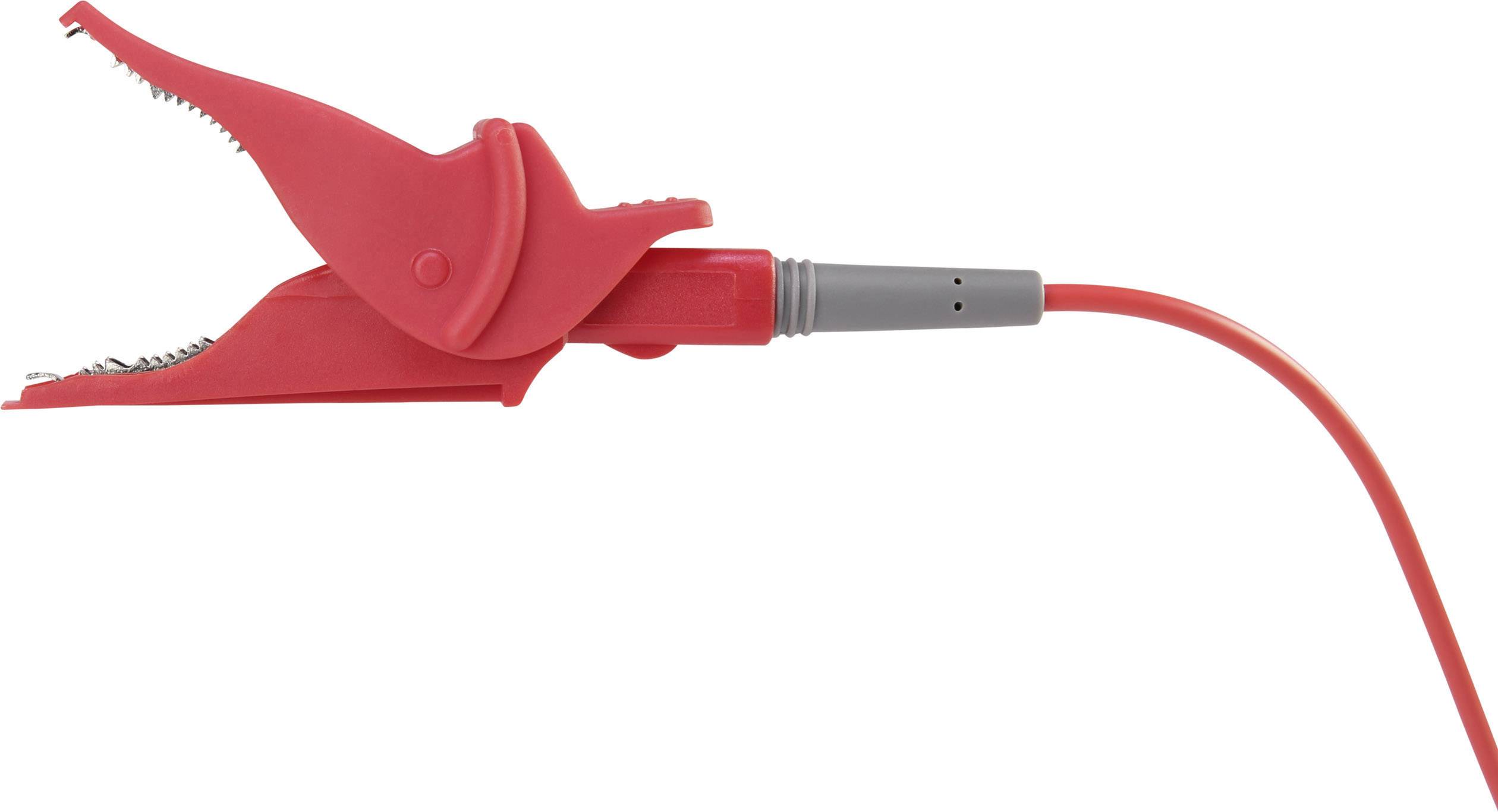Câble de démarrage rouge avec pinces crocodile pour connexion aux bornes de batterie, couramment utilisé dans les chargeurs de batterie de véhicules.