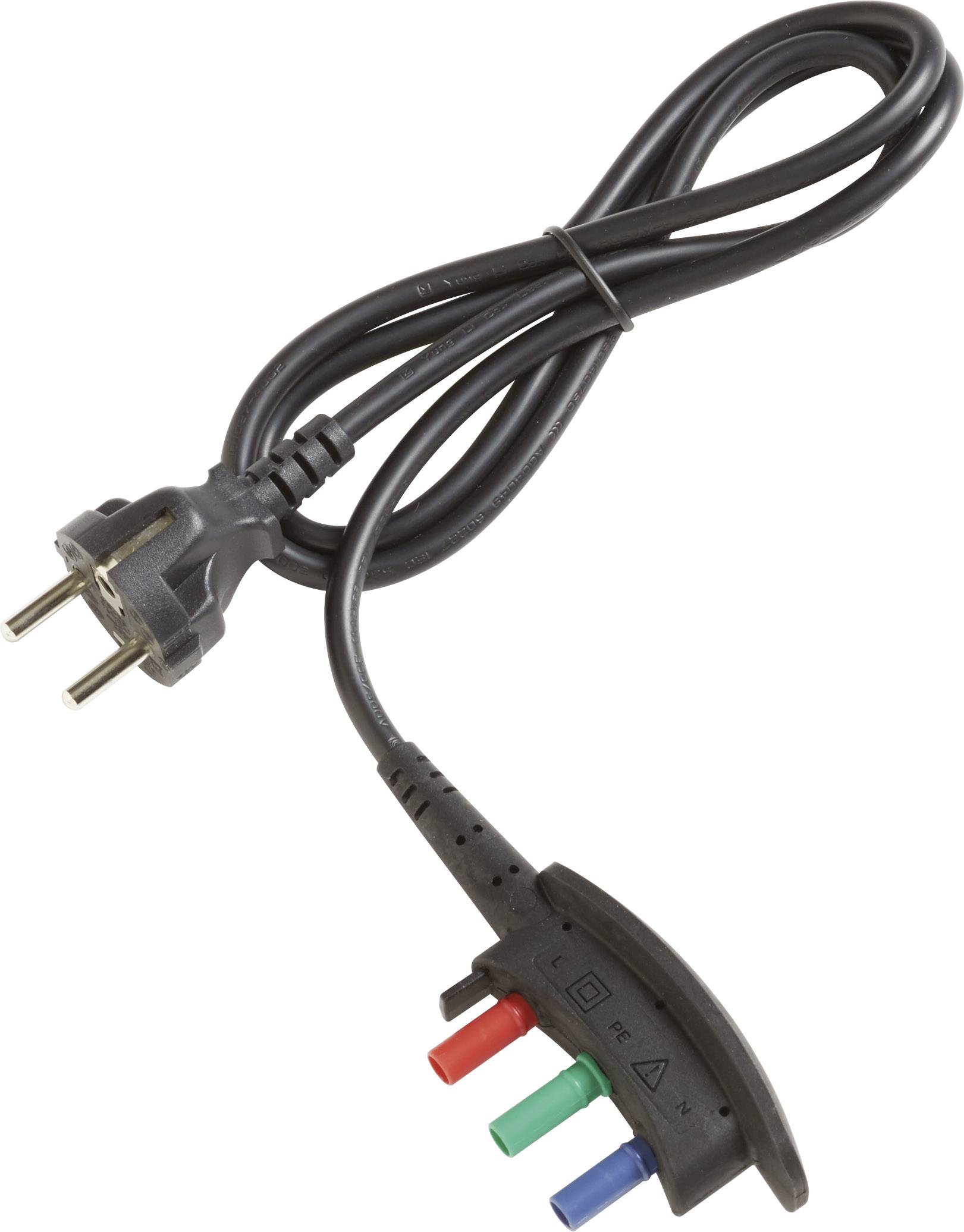 Câble réseau noir avec fiche tripolaire ; l'extrémité comporte trois connecteurs colorés : rouge, bleu, vert.