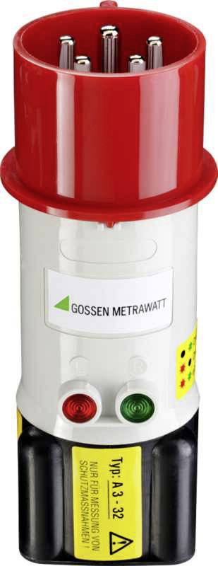 Un appareil de test de Gossen Metrawatt avec des indicateurs lumineux rouges et verts et des connexions, adapté aux prises de 32A.