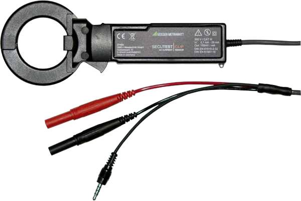 Un appareil de mesure électrique avec un ampèremètre à pince et trois câbles, un rouge, un noir, un vert. Utilisé pour la mesure du courant.