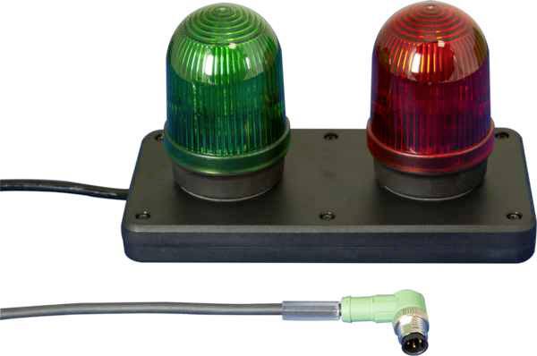 Une base noire avec un voyant de signalisation rouge et un voyant de signalisation vert ; le voyant rouge est allumé, relié par un câble.