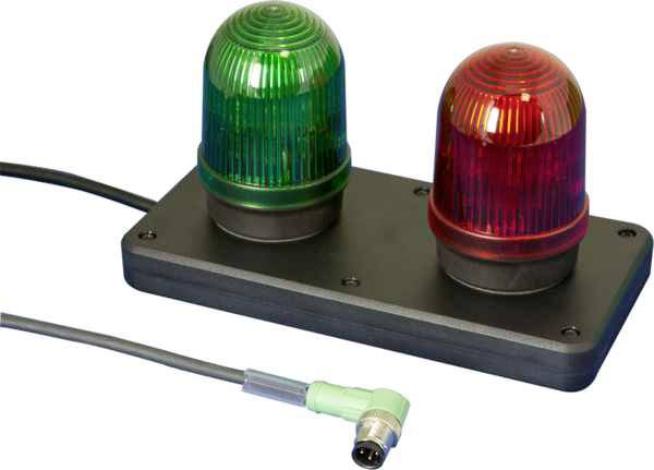 Deux voyants lumineux, l'un vert et l'autre rouge, sur une base noire avec un raccordement de câble.