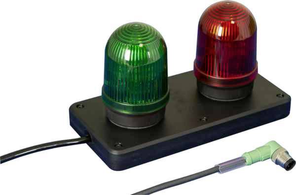 Deux voyants lumineux sur une plaque de base noire : un vert et un rouge. Ils sont reliés par un câble.