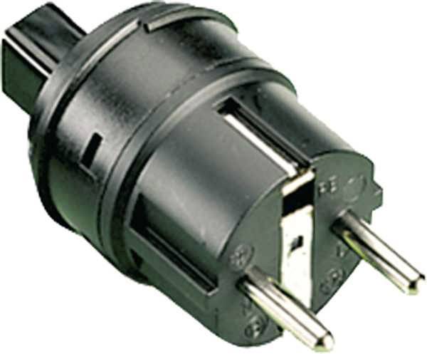 Un adaptateur noir avec deux broches métalliques rondes ; adapté aux prises électriques européennes.