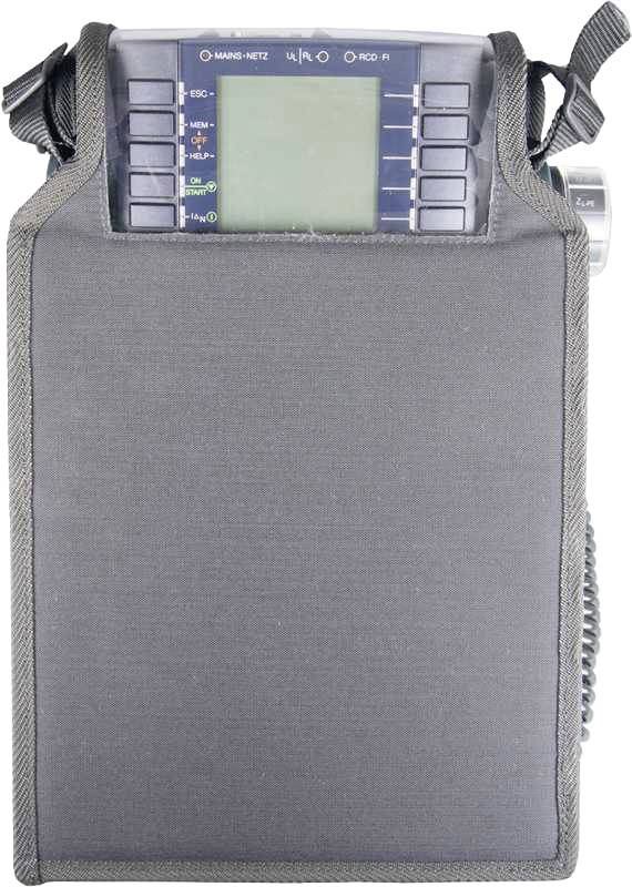 Un appareil portable dans un étui de protection gris avec des boutons et un écran, probablement un appareil de mesure ou de communication.