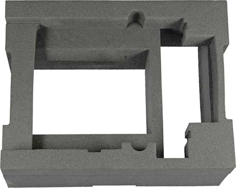 Pièce en mousse grise structurée, potentiellement un insert de protection ou un composant d'emballage avec des découpes et des reliefs.