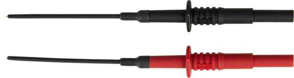 Cordons de mesure noirs et rouges pour un multimètre, munis de poignées isolées et de pointes métalliques. Ils sont utilisés pour effectuer des mesures électriques.