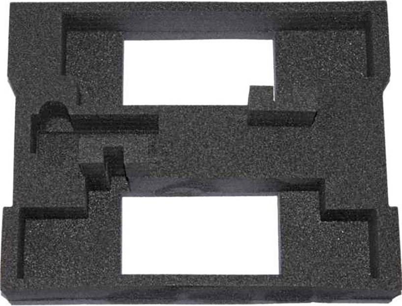 Insert en mousse noire avec différentes découpes, probablement destiné à protéger et stabiliser des objets dans un emballage.