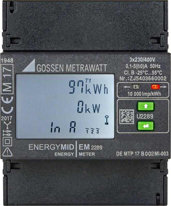 Compteur électrique affichant '97 kWh' d'énergie consommée et '0 kW' de puissance actuelle. Affichage avec touches et code QR visible.