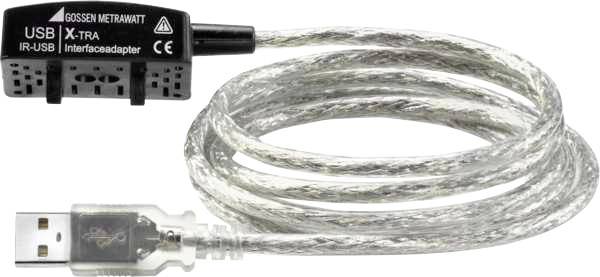 Un câble adaptateur USB transparent enroulé, avec un connecteur noir, étiqueté comme 'Gossen Metrawatt X-Tra adaptateur d'interface IR-USB'.