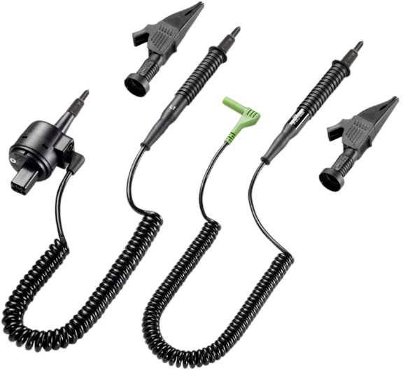 Sonde multicanale avec pinces crocodile et câbles spiralés, utilisée pour les mesures électriques et la vérification de signaux.