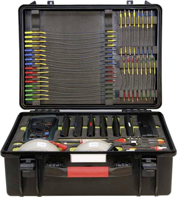 Mallette à outils contenant divers câbles, connecteurs et instruments, organisés dans des compartiments pour la maintenance ou les réparations.