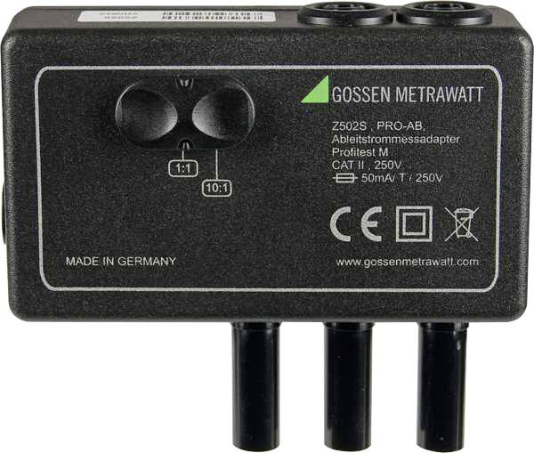 Adaptateur de mesure de courant 'Gossen Metrawatt', modèle Z502S PRO-AB, présentant des spécifications techniques et des signes de certification, fabriqué en Allemagne.