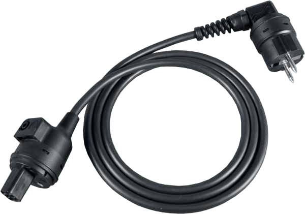 Câble d'alimentation avec fiche européenne et connecteur IEC, adapté aux appareils informatiques. Structure de câble noir à forme spiralée.