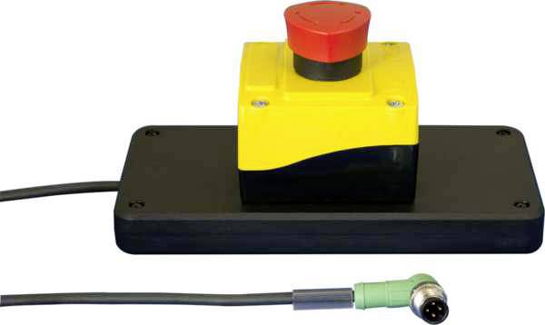 Un bouton d'arrêt d'urgence jaune avec un bouton rouge sur une base noire, relié à un câble avec une fiche verte.