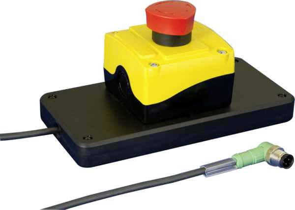 Bouton d'arrêt d'urgence jaune avec bouton rouge, monté sur une plaque noire, relié par un câble ; utilisé pour l'arrêt de sécurité.