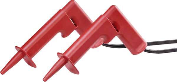 Deux pointes de test rouges connectées par un câble, utilisées pour tester des circuits électriques.