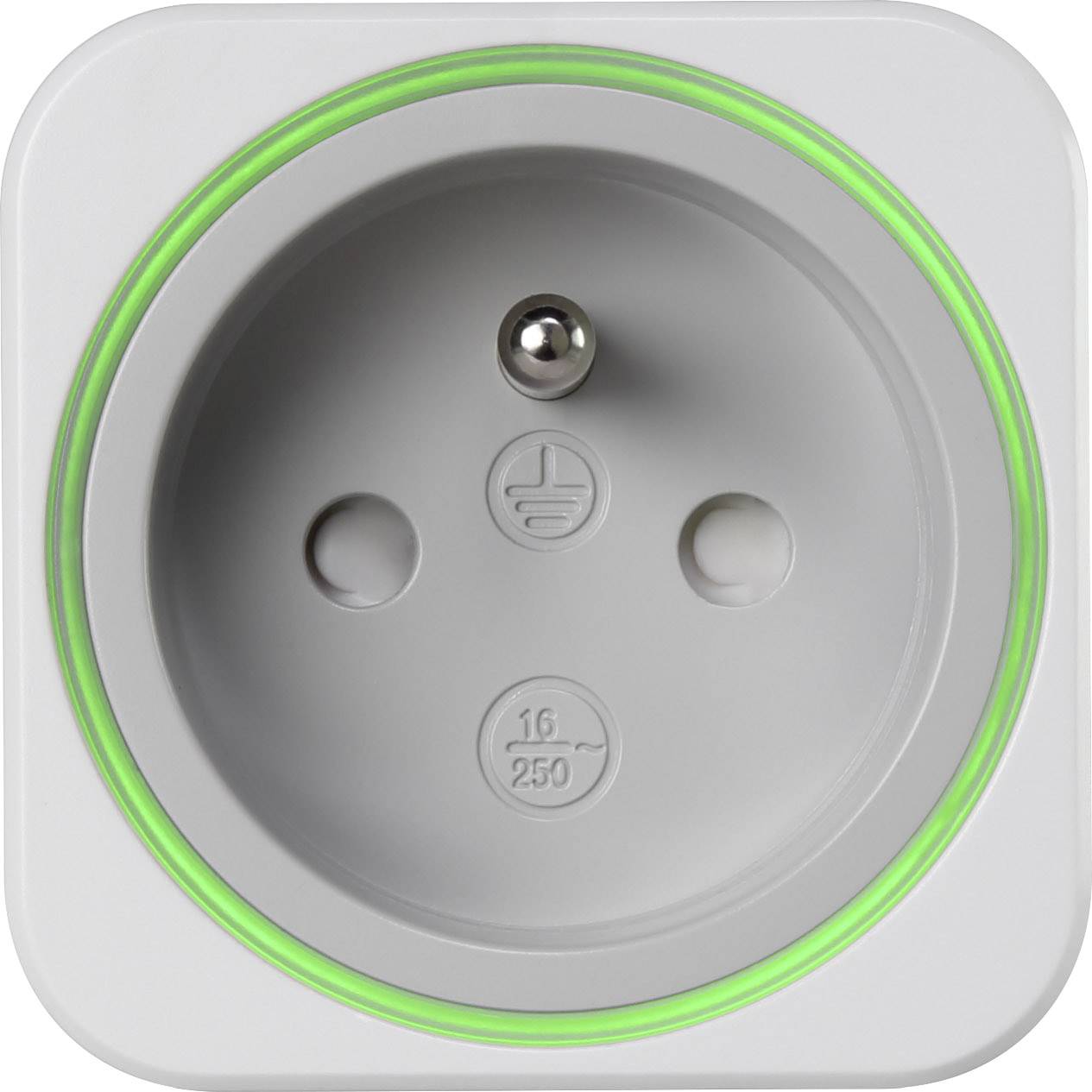 Prise électrique blanche avec anneau LED vert.