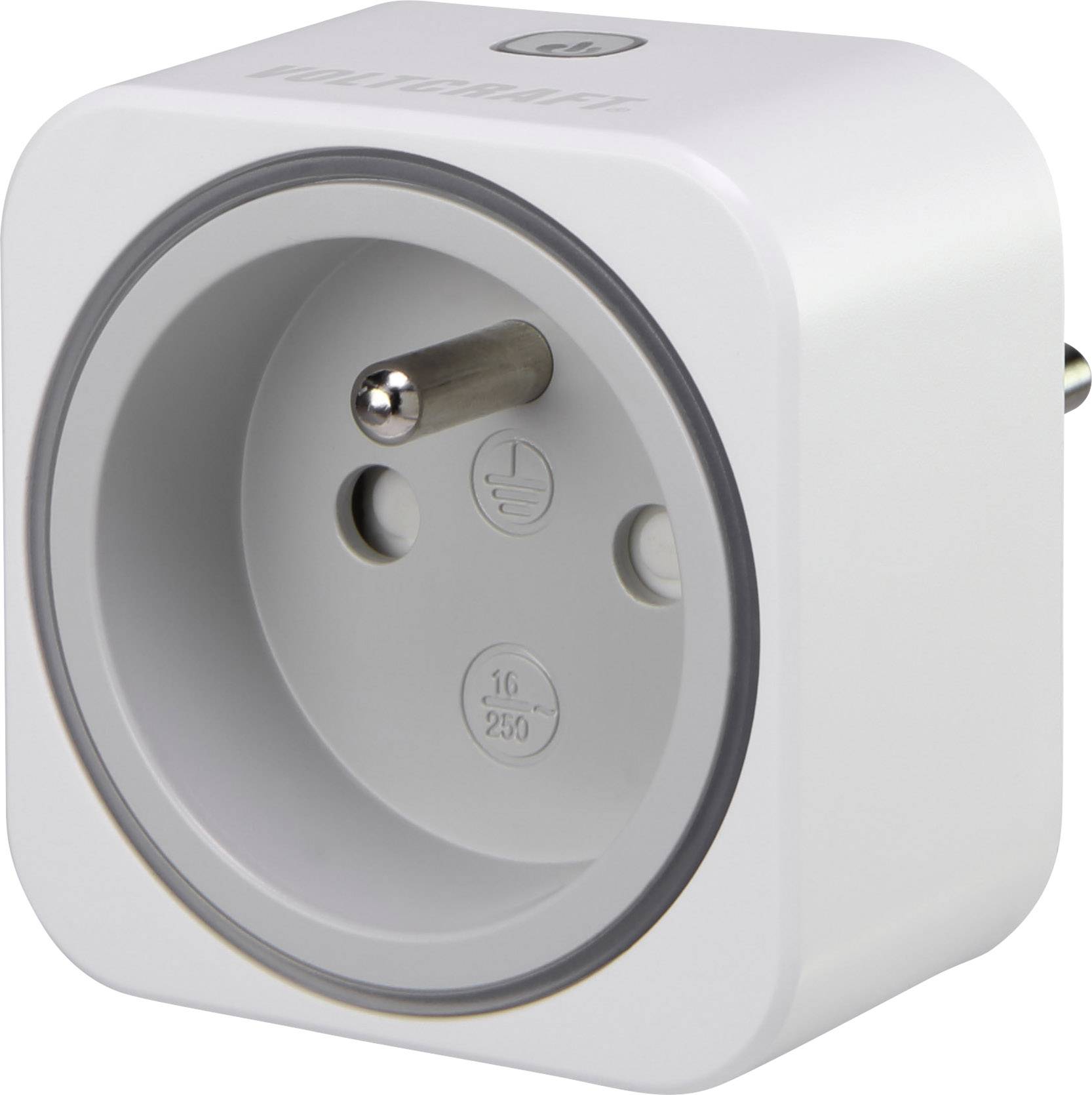 Un adaptateur électrique blanc et carré, doté d'une prise ronde centrale et d'un bouton marche/arrêt en haut. Compatible avec les fiches électriques européennes.