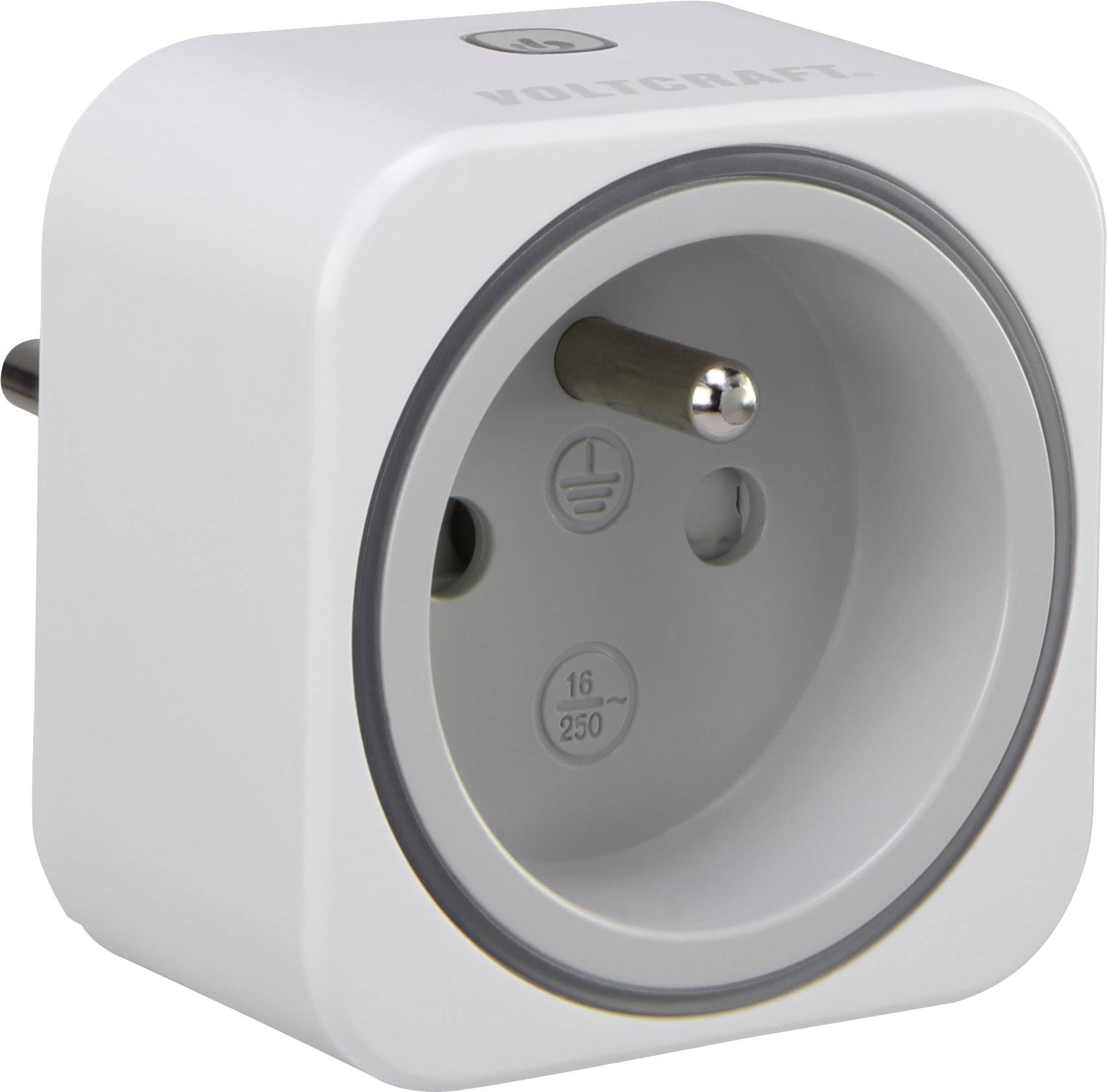 Adaptateur carré blanc, avec une ouverture ronde pour fiches européennes, adapté pour 16A et 250V, marque Voltcraft.