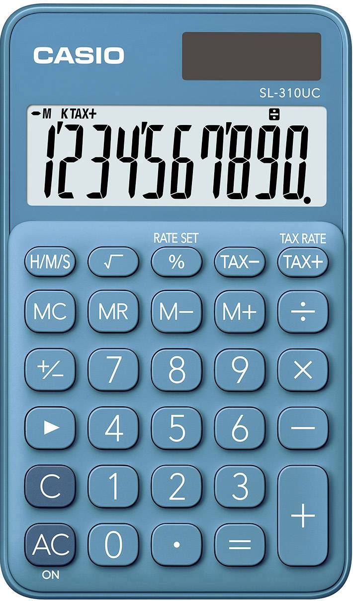 Une calculatrice bleue avec l'affichage des chiffres '1234567890'. Les touches pour les opérations arithmétiques de base et les calculs fiscaux sont visibles.