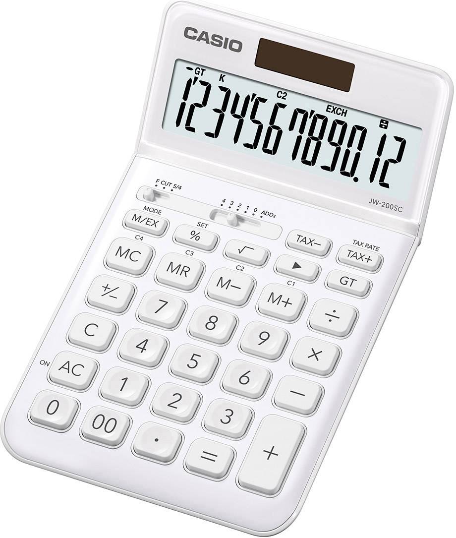 Une calculatrice blanche avec cellule solaire, affichant les chiffres 1234567890,12. Les touches comprennent des opérations de calcul standard.
