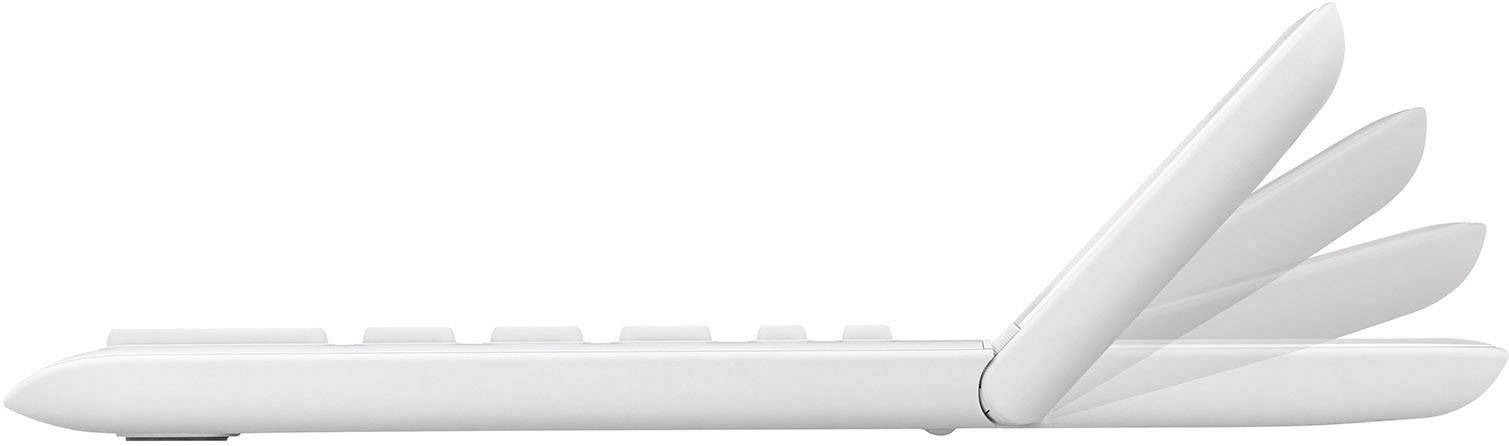 Un clavier d'ordinateur blanc et pliable, réglable en plusieurs positions allant de complètement à plat à complètement vertical.