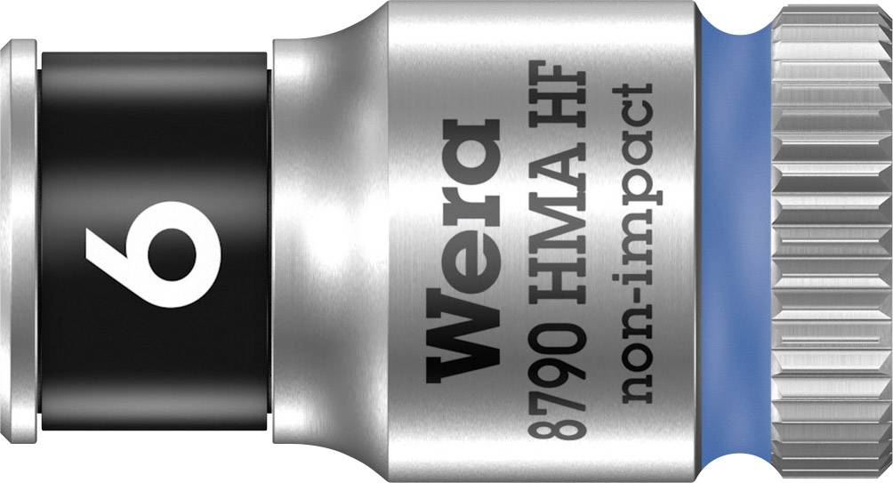 Gros plan d'un outil Wera portant l'inscription '8790 HMA HF, non-impact', montrant un embout de 6 mm avec fonction de maintien.