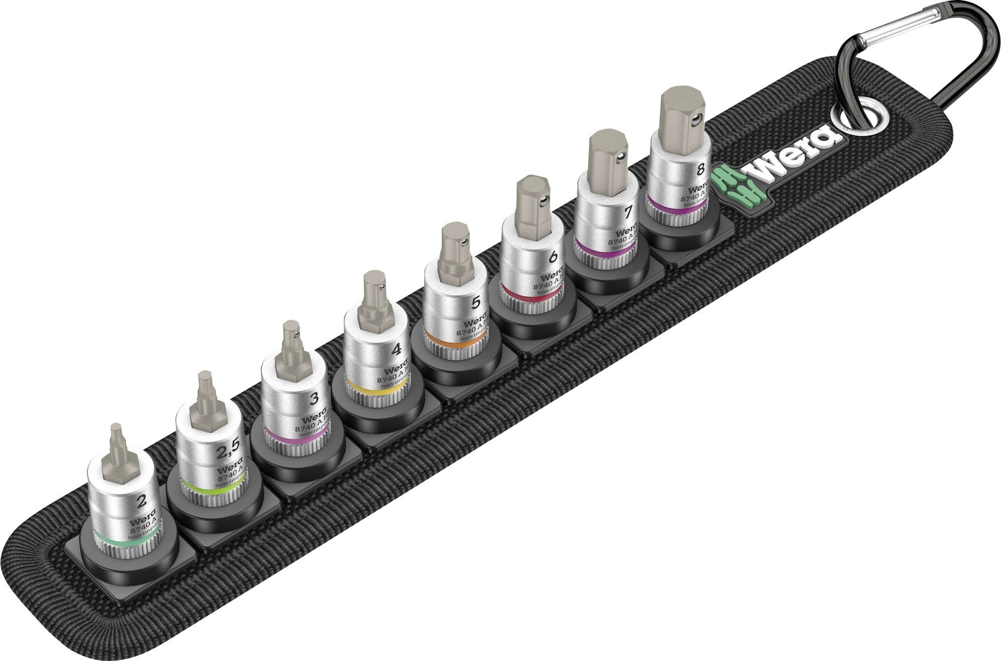 Jeu de huit clés à cliquet multicolores de différentes tailles sur support noir avec boucle métallique, marque 'Wera'.