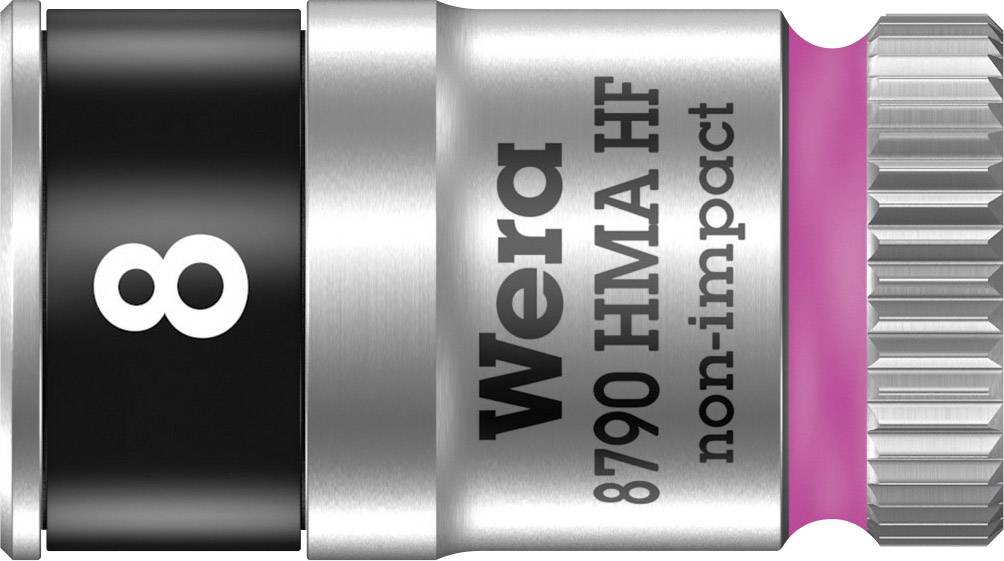 Gros plan d'un outil Wera, hexagonal, avec des pièces noires et argentées, et un anneau rose. Inscription : « Wera 8790 HMA HF non-impact ».