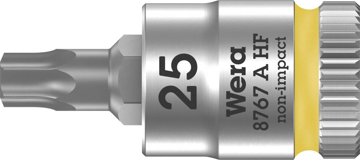 Embout Torx gravé '25 Wera 8767 A HF non-impact', tige courte, pour un usinage précis des vis. Corps argenté avec anneau jaune.