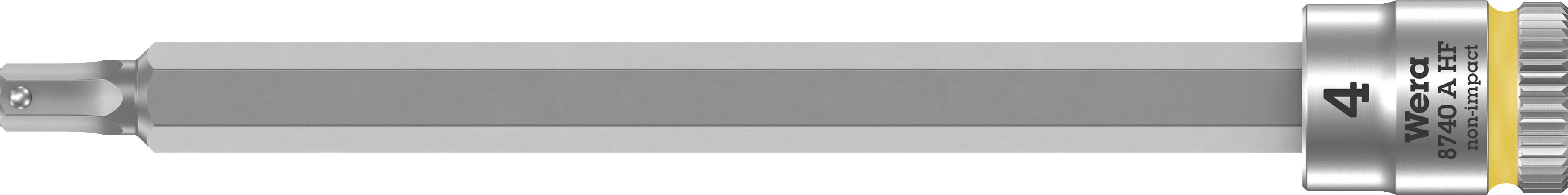 Un embout de tournevis en argent de taille 4 avec une tige hexagonale et une pointe gris foncé.