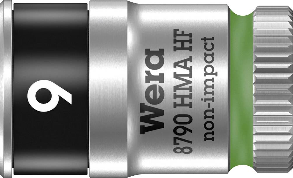 Écrou à douille portant l'inscription 'Wera 8790 HMA HF non-impact'. Métal argenté avec anneau noir et vert.