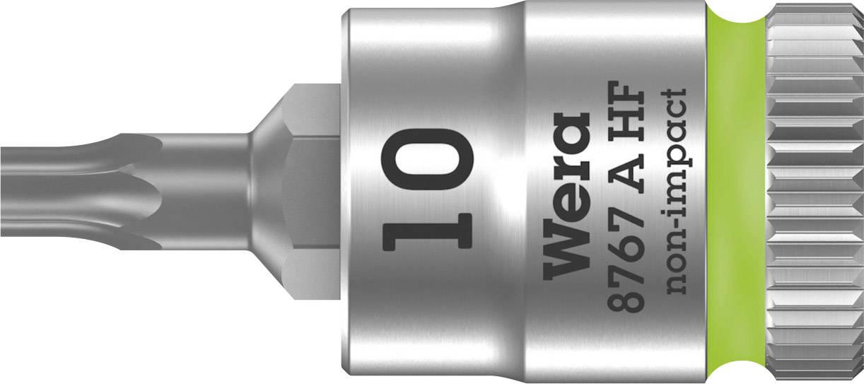 Gros plan sur un outil : Un douille Wera 8767 A HF de 10 mm avec anneau vert, adapté aux vissages sans impact.