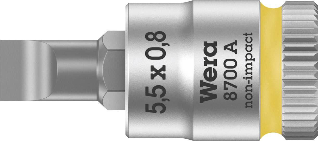 Outil à embout Wera argenté, 5,5 x 0,8, Modèle 8700 A, non-percutant, avec bord strié et anneau jaune, adapté aux travaux de vissage.