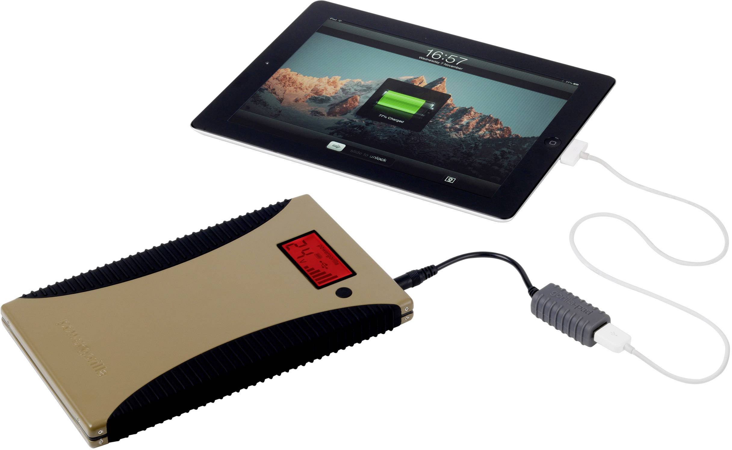 Une tablette est en train d'être chargée par une batterie externe. La tablette affiche un écran de charge, et la batterie externe possède un affichage avec un indicateur rouge.